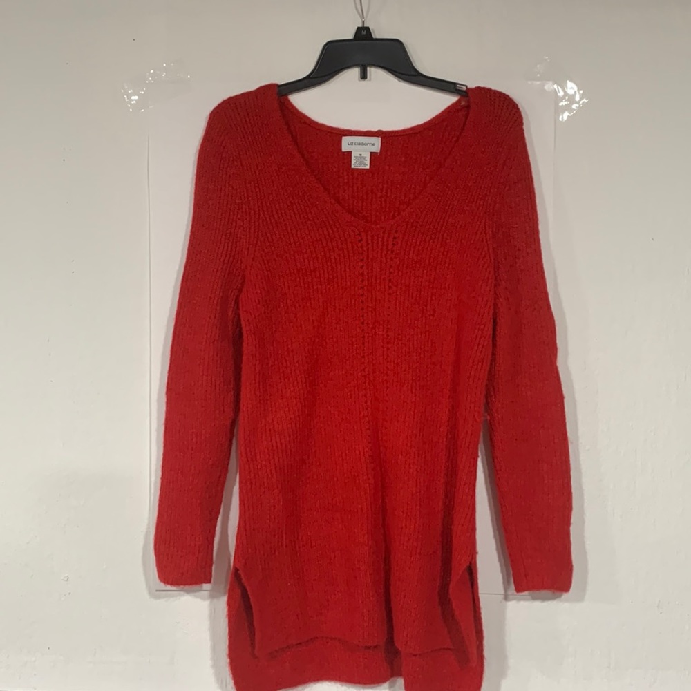 Liz Claiborne Christmas Red V-Neck Long Sleeved Sweater (Medium)